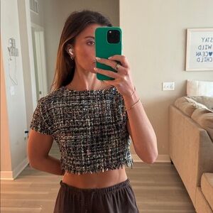 AKIRA Chic Tweed Crop Top - Black, Cream, Pink and Blue